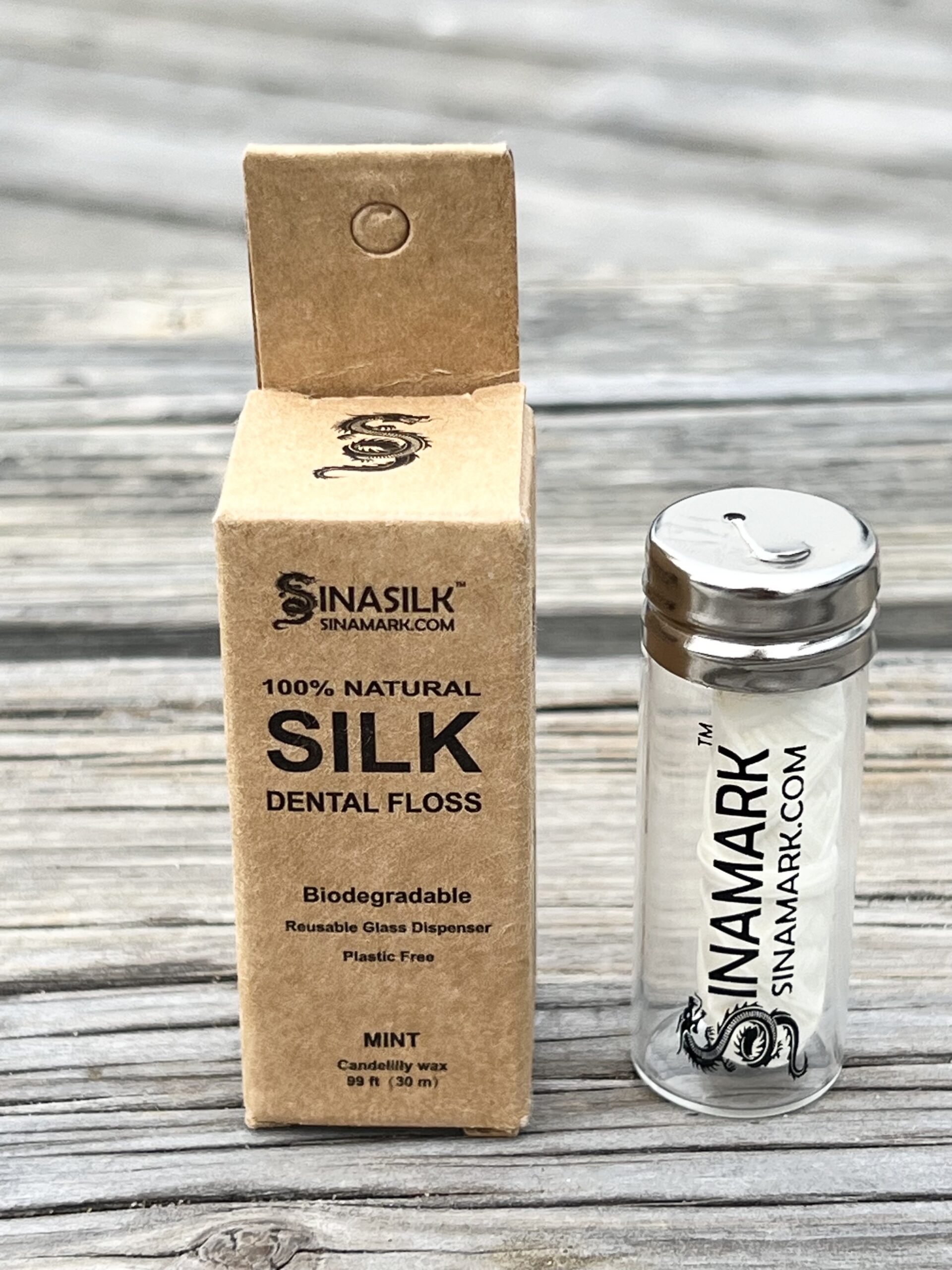 Sinasilk® Classic - 100% Natural Silk Dental Floss - includes quality reusable glass bottle and stainless steel lid.